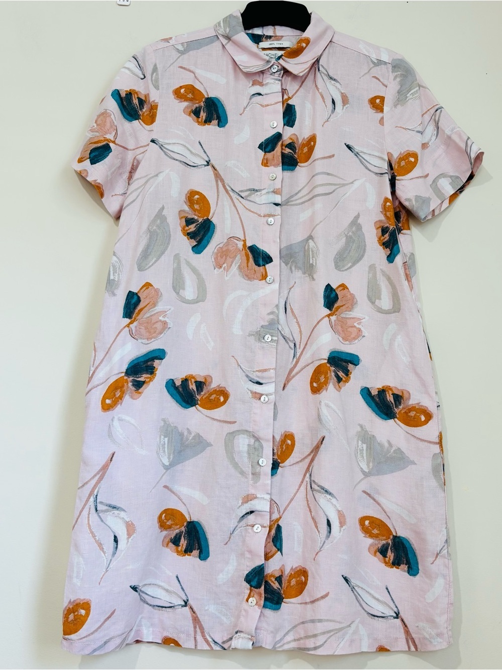 Rachel Zoe preppy linen floral button up short sleeve relaxed mini shirt dress S